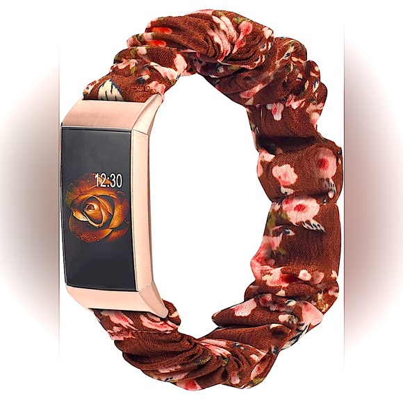 Soft Scrunchie Wristband for Fitbit Charge 3 & 4 - Brown/Rose Floral (Small) - Picture 3 of 3